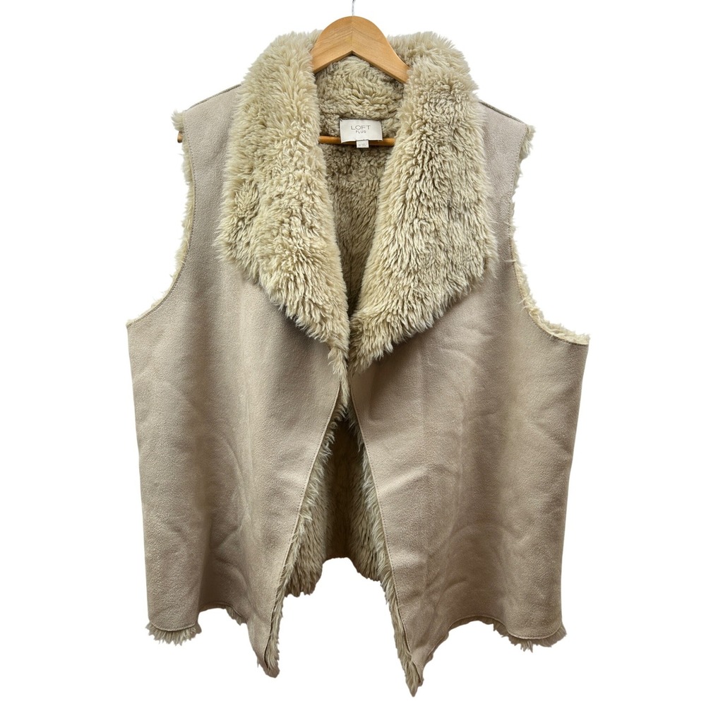 LOFT Plus Faux Shearling‎ Vest Womens 18 Beige Open Front Cozy Winter Essential